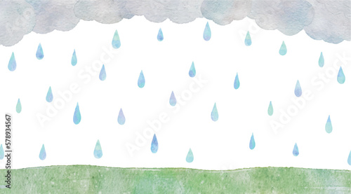 雨と雲と丘の雨の日の水彩画イラスト背景