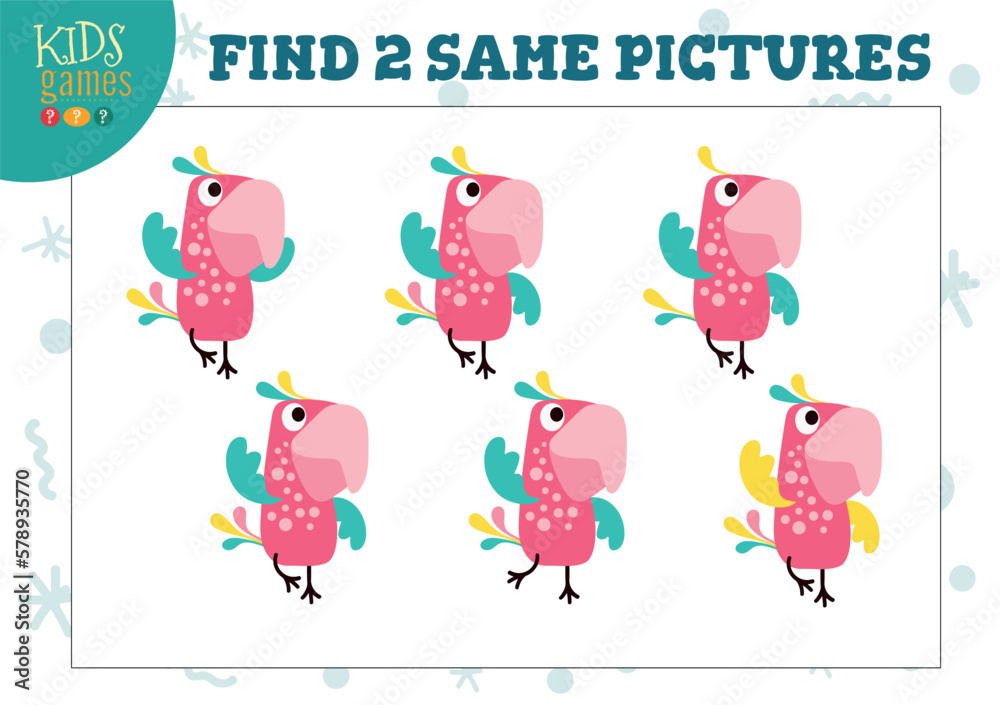Find two same pictures kids game vector illustration Find two same pictures kids game vector illustration