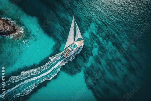 Aerial shot of a yacht gliding across the water's surface. Aerial view of a body of turquoise water. View of the ocean from above in the summer. Plan and thought for a trip. Generative AI