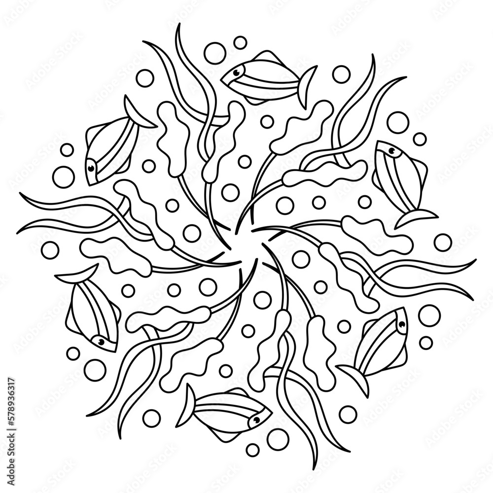 Fototapeta premium Sea mandala Coloring page. Anti stress coloring book for adult and children . Monochrome Vector illustration.