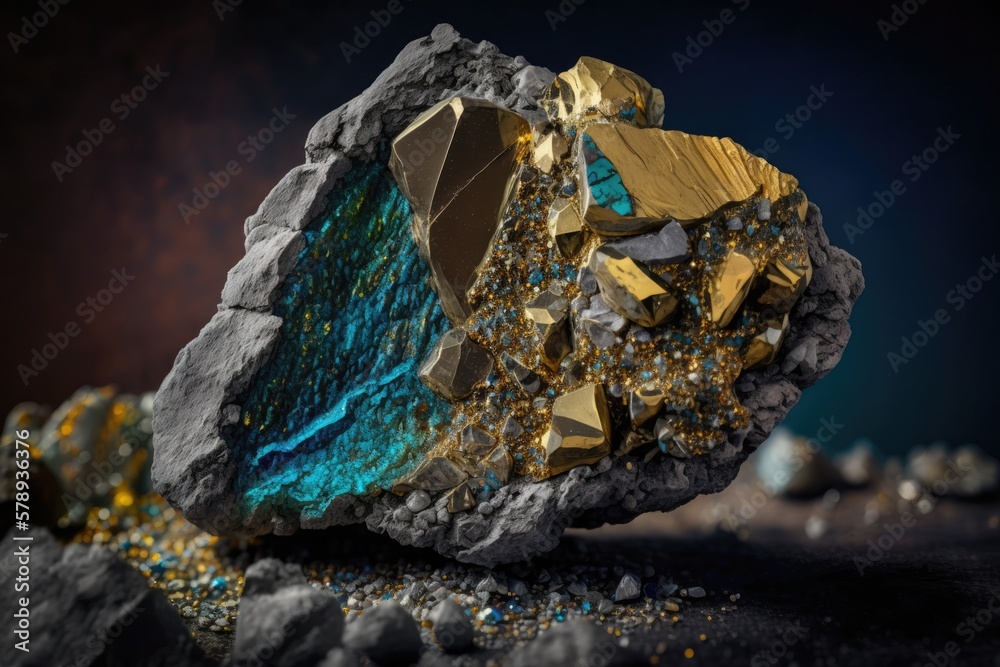 Obraz premium Rough chalcopyrite against a stony background, a macro image of a mineral stone, geology. Generative AI