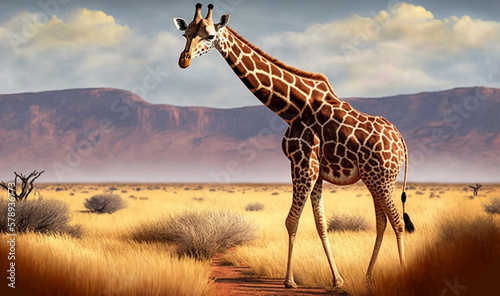 A giraffe is across the savannah. AI