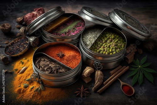 Spices and herbs stored in metal tins. Components of food and cooking methods. Ingredients from nature that add color. Generative AI