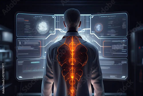 Back view of doctor looking at virtual panel HUD Futuristic. Generative Ai
