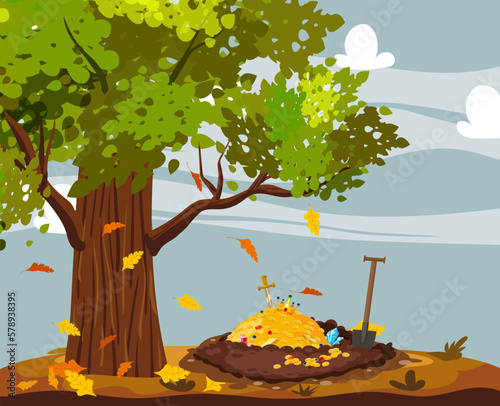 Treasure pile under oak tree, full of treasures, gold coins, Digging Hole in the ground,