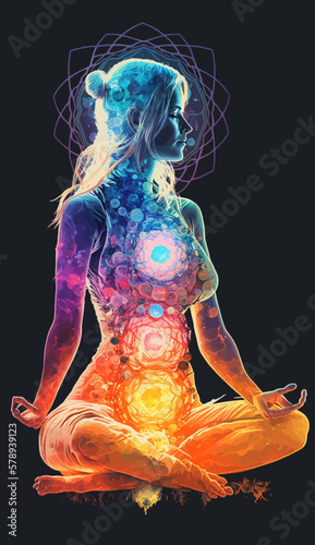 Yogi woman meditating with legs crossed concentrated, Chakras energy visualization in vivid watercolor style vector.
