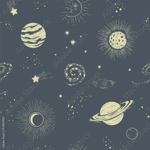 Vintage celestial bodies at sky, planets and stars