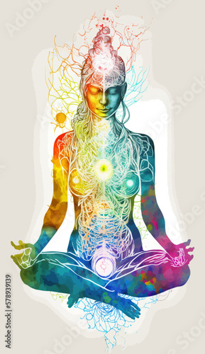 Yogi woman meditating with legs crossed concentrated, Chakras energy visualization in vivid watercolor style vector.
