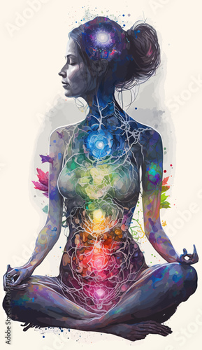 Yogi woman meditating with legs crossed concentrated, Chakras energy visualization in vivid watercolor style vector.
