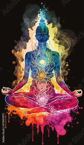 Yogi woman meditating with legs crossed concentrated, Chakras energy visualization in vivid watercolor style vector.

