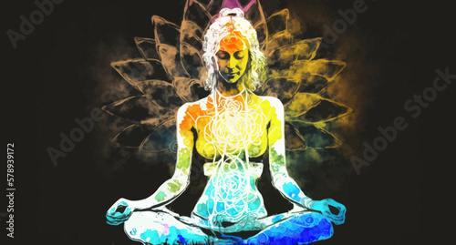 Yogi woman meditating with legs crossed concentrated, Chakras energy visualization in vivid watercolor style vector.
