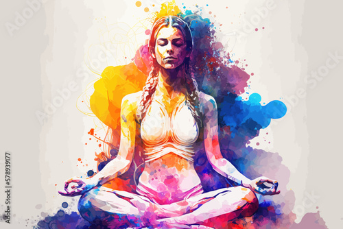 Yogi woman meditating with legs crossed concentrated, Chakras energy visualization in vivid watercolor style vector. 