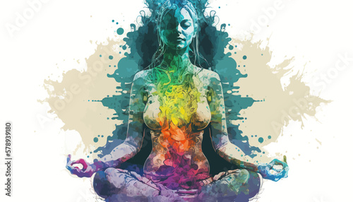 Yogi woman meditating with legs crossed concentrated, Chakras energy visualization in vivid watercolor style vector. 