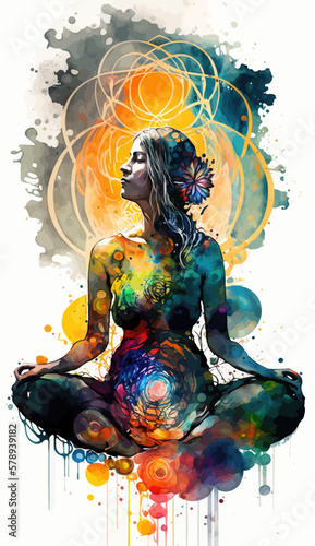 Yogi woman meditating with legs crossed concentrated, Chakras energy visualization in vivid watercolor style vector.
