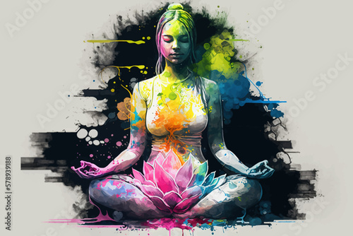 Yogi woman meditating with legs crossed concentrated, Chakras energy visualization in vivid watercolor style vector.
