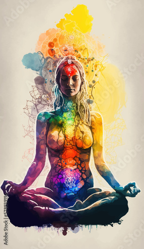 Yogi woman meditating with legs crossed concentrated, Chakras energy visualization in vivid watercolor style vector. 