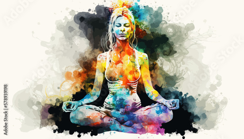 Yogi woman meditating with legs crossed concentrated, Chakras energy visualization in vivid watercolor style vector.

