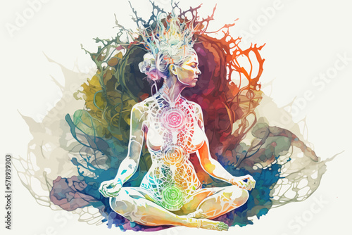 Yogi woman meditating with legs crossed concentrated, Chakras energy visualization in vivid watercolor style vector.
