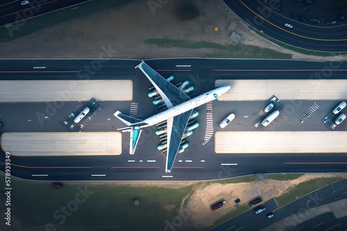 Aerial View of Airport Runway with Commercial Airplanes. Photo generative AI photo