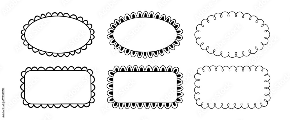 Doodle circle and square scalloped frames. Hand drawn scalloped edge rectangle and ellipse shapes. Simple label form. Flower silhouette lace frame. Vector illustration isolated on white background. Doodle circle and square scalloped frames. Hand drawn scalloped edge rectangle and ellipse shapes. Simple label form. Flower silhouette lace frame. Vector illustration isolated on white background.