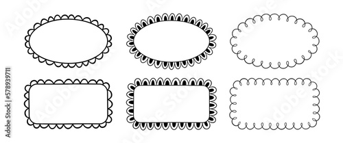 Doodle circle and square scalloped frames. Hand drawn scalloped edge rectangle and ellipse shapes. Simple label form. Flower silhouette lace frame. Vector illustration isolated on white background.