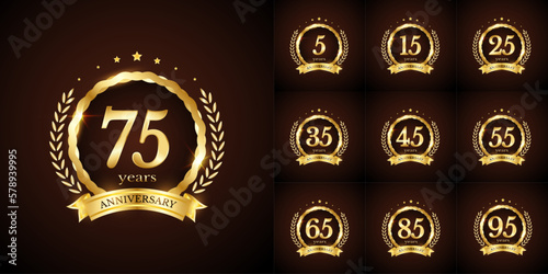 Anniversary number logotype label badge template. Premium anniversary celebration emblem signs design png for company, booklet, leaflet, magazine, brochure, web, invitation or greeting card