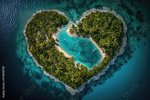 Island Paradise in the shape of a love heart. Generative AI © 2rogan