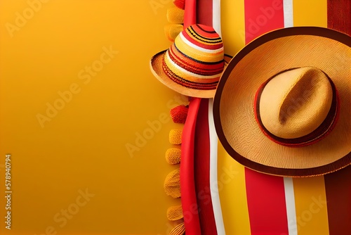 Minimalist modern mexican Cinco de Mayo holiday background,  warm yellow background top view. Flat layout style, generative ai, Minimalist modern mexico  fiesta background with hat, maracas, guitar