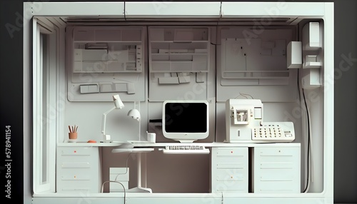 interior of a white room with a chair, window display, computer typewriter, generative ai, desk and chair , copier
