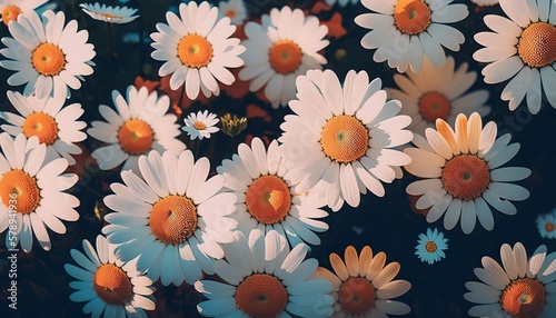 Beautiful nature landscape of white daisies flowers field, Generative AI © Salsabila Ariadina