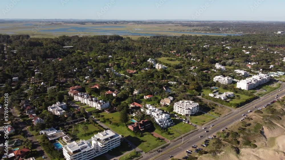 Modern and fancy houses, Punta del Este suburbs in Uruguay. Aerial forward