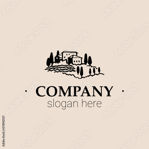 Vector hand-drawn logo Vineyard landscape for wine production, tourism company