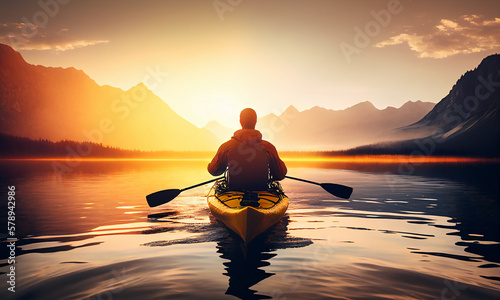 Enjoying sunset on river. Rear view of young man kayaking on lake with sunset in the background. Generative AI.