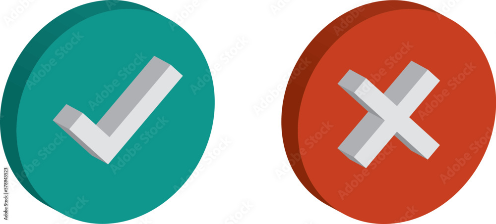 Checkmark isometric icon set. 3d tick sign. Green yes and red no X cross check mark button with shadow on white. Simple mark graphic flat design. Vector Checkmark isometric icon set. 3d tick sign. Green yes and red no X cross check mark button with shadow on white. Simple mark graphic flat design. Vector