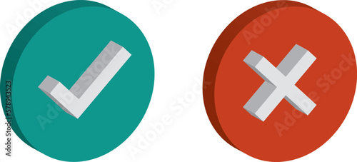 Checkmark isometric icon set. 3d tick sign. Green yes and red no X cross check mark button with shadow on white. Simple mark graphic flat design. Vector