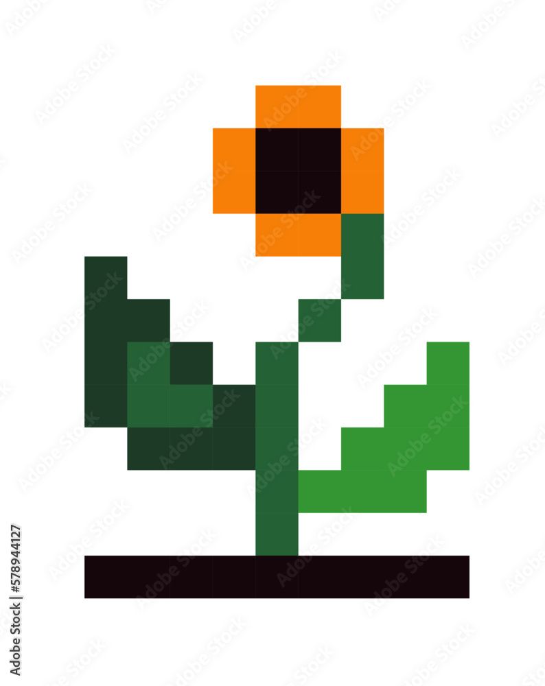 Flourishing flower with foliage, pixel game art Flourishing flower with foliage, pixel game art