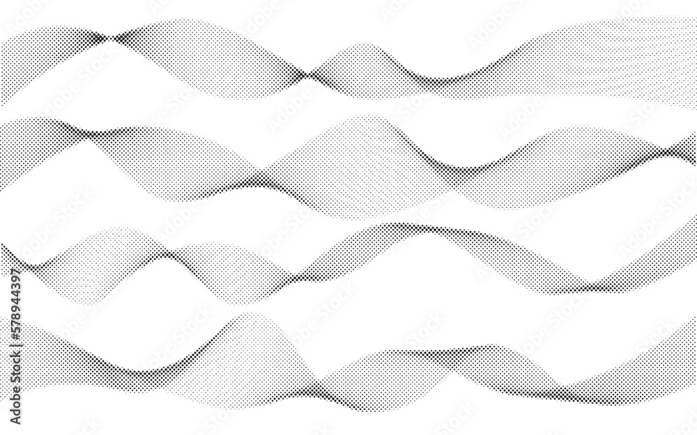 Abstract halftone wavy lines on white background. Flow curve blend texture. Audio frequency grey stripes. Vector graphic illustration.