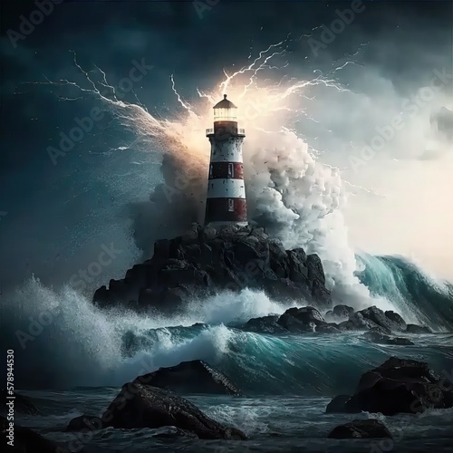 lighthouse in the middle of a storm, generative ai