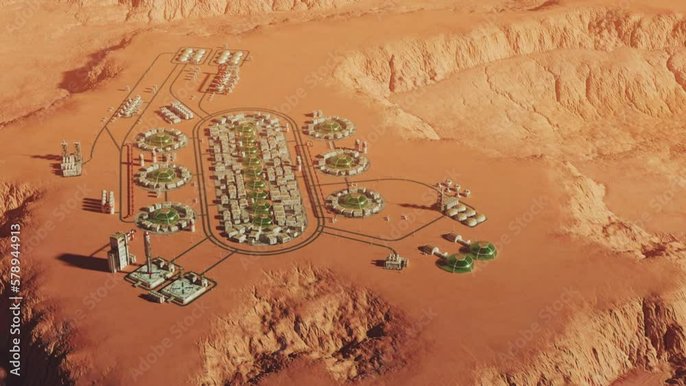 a scientific research settlement on the planet Mars. Large base and living modules among the Martian landscape view from high altitude.