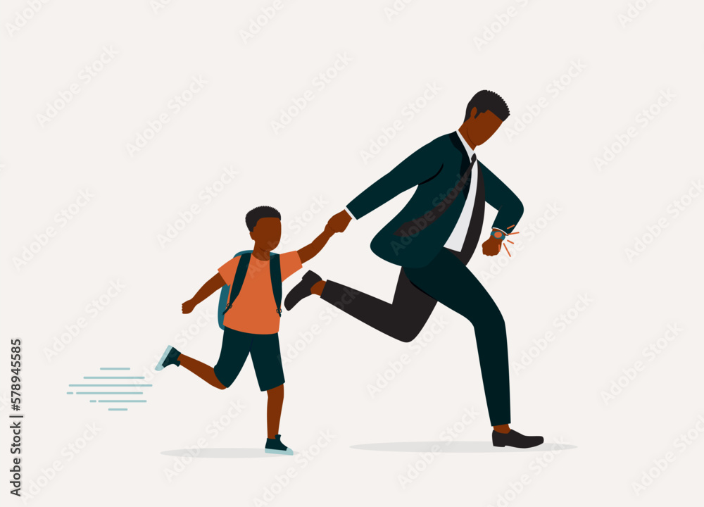 One Black Father Running Late For Bringing His Son To School While Checking The Time On His Watch. Full Length. Flat Design Style, Character, Cartoon.