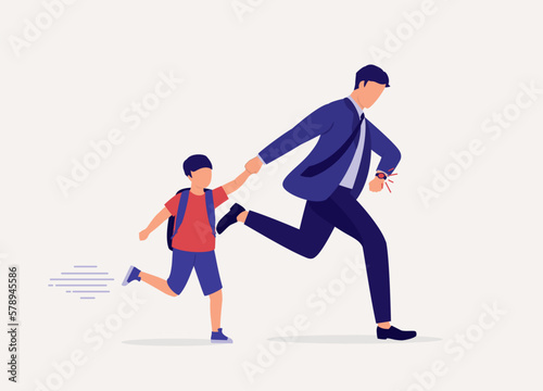 One Father Running Late For Bringing His Son To School While Checking The Time On His Watch. Full Length. Flat Design Style, Character, Cartoon.