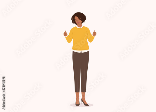 One Smiling Black Businesswoman With Both Thumbs Up Hand Gesture. Full Length. Flat Design Style, Character, Cartoon.