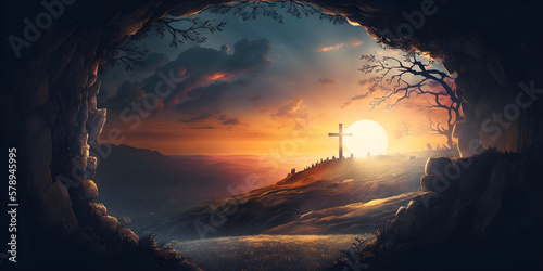 Foto Cross of jesus christ on calvary sunset background for good friday he is risen in easter day, Slave hope worship in God