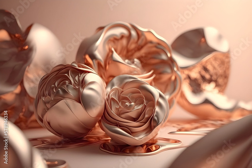 3D rendering of flower rose gold background. Generative Ai.