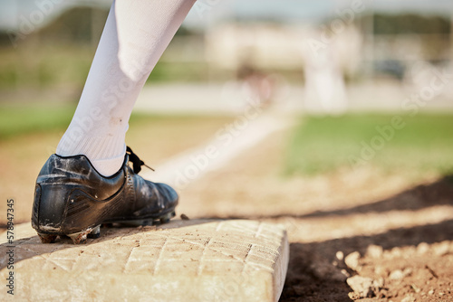 Sports, baseball and plate with shoe of man on field for training, fitness or home run practice. Workout, games and pitching with athlete playing at park stadium event for tournament, match or action