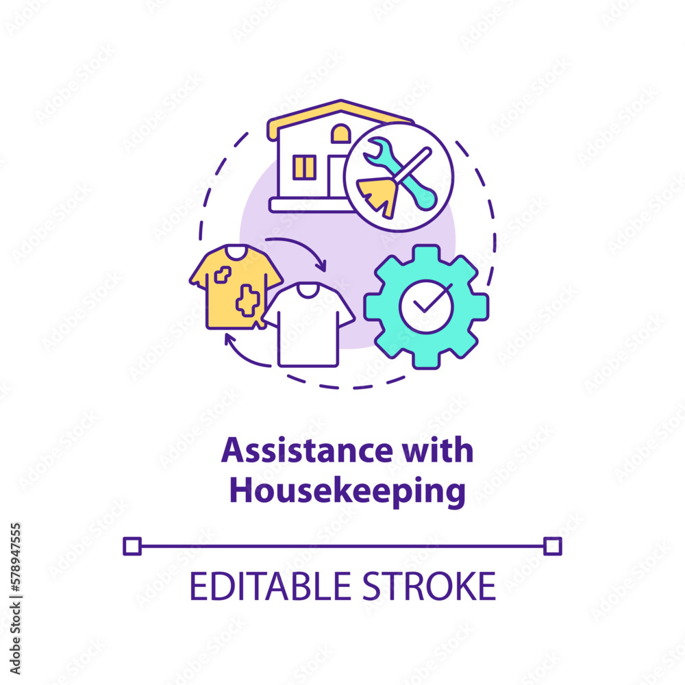 Assistance with housekeeping concept icon. Personal care and companionship service abstract idea thin line illustration. Isolated outline drawing. Editable stroke. Arial, Myriad Pro-Bold fonts used
