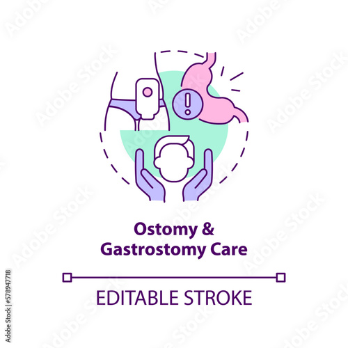 Ostomy and gastrostomy care concept icon. Private duty nursing care abstract idea thin line illustration. Isolated outline drawing. Editable stroke. Arial, Myriad Pro-Bold fonts used