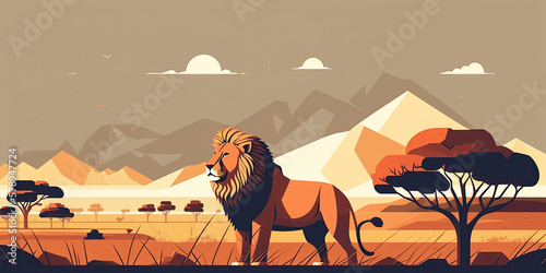 Lion in Savanna - Minimalistic flat design landscape illustration. Image for a wallpaper, background, postcard or poster. Generative AI