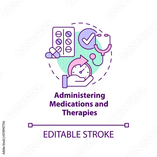 Administering medications and therapies concept icon. Private duty nursing care abstract idea thin line illustration. Isolated outline drawing. Editable stroke. Arial, Myriad Pro-Bold fonts used