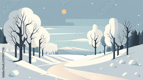 Winter - Minimalistic flat design landscape illustration. Image for a wallpaper, background, postcard or poster. Generative AI